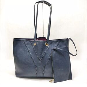 Auth SAINT LAURENT Neo Double Reversible Tote Bag Leather Navy Blue 284650